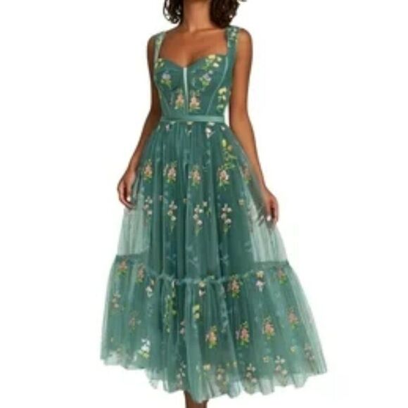 Corset Floral Embroidered Green Ruched Layered Tulle Flower  Midi Prom Dress - Picture 1 of 13
